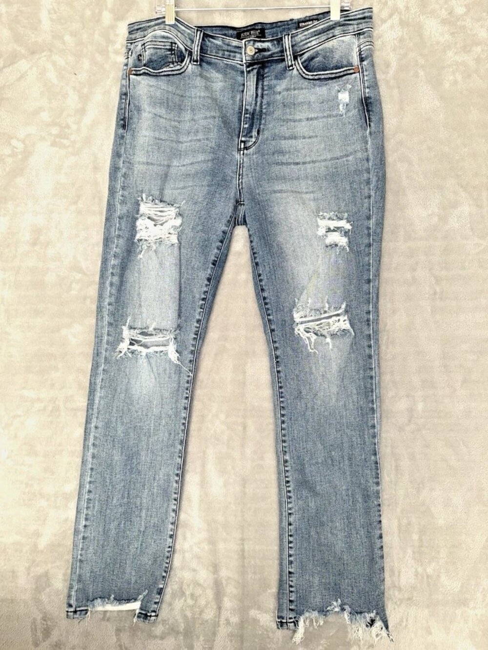 Judy Blue Jeans 15 / 32 Straight Fit Distressed Thrashed Raw Hem Stretch Denim